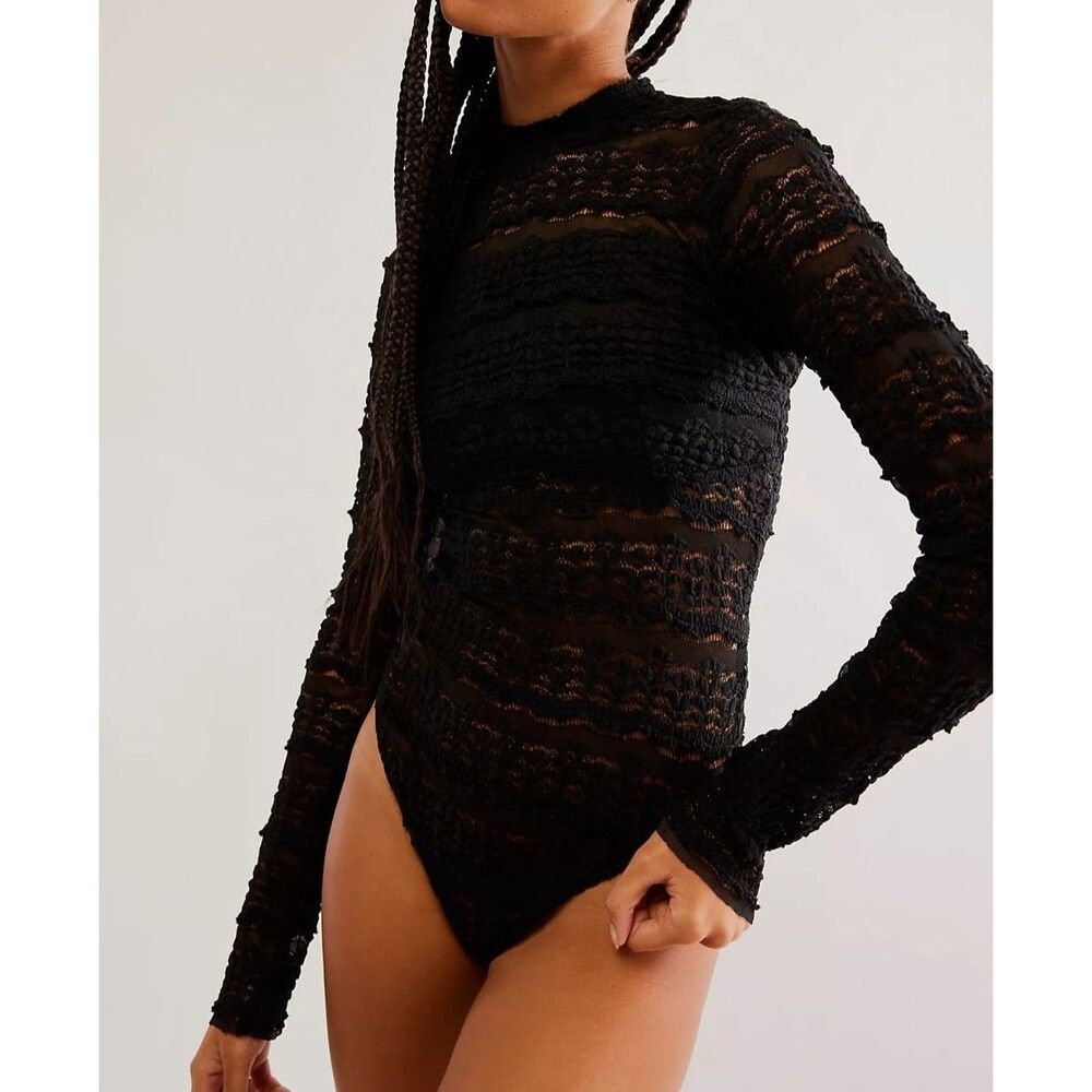 Free People Intimately Angelina Bodysuit Top Sheer Long Sleeves Black M 289799
